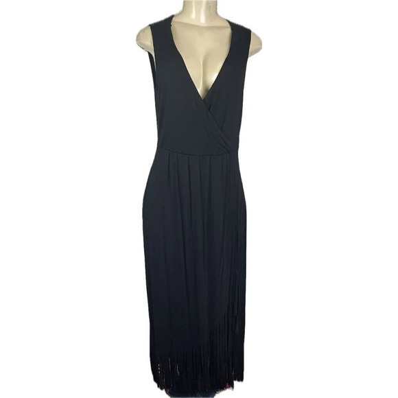 Kate & Mallory M Black Surplice Neck Faux Wrap Fringe Hem Midi Cocktail Dress - Picture 2 of 6